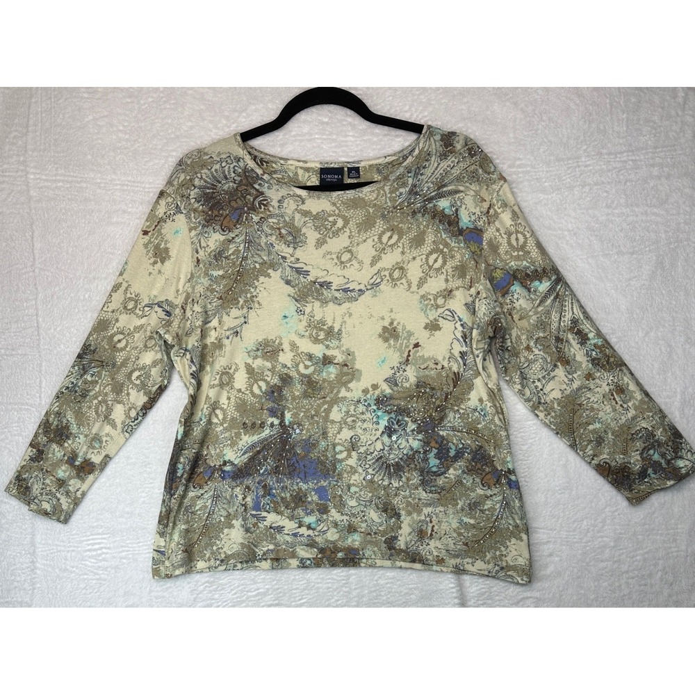 Sonoma Paisley Rhinestone Top Women XL Multicolor Long Sleeve Knit Shirt